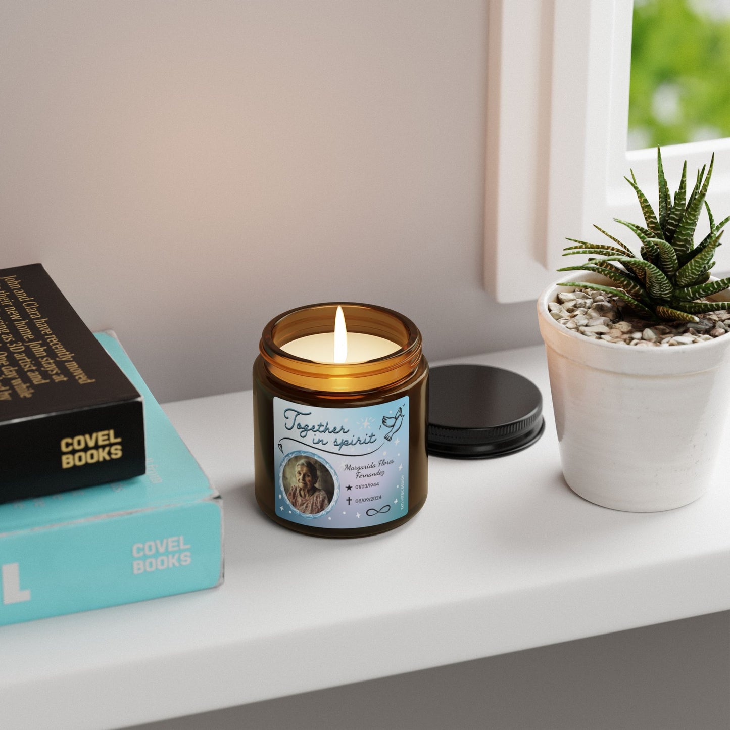 Together in Spirit Scented Soy Candle (Brown Glass Jar) - Customized Photo, Name, Birth and Death dates