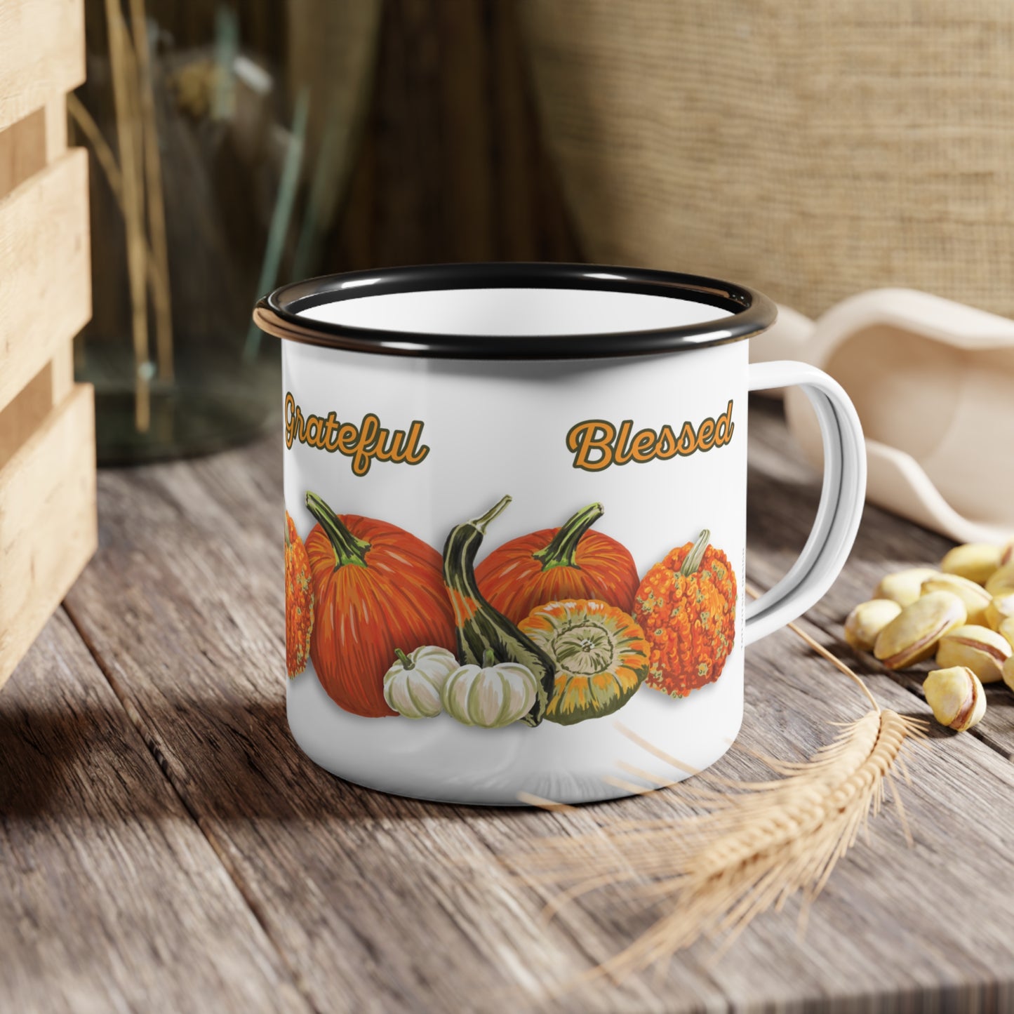 Pumpkins Enamel Mug (12oz) - Thankful, Grateful, Blessed