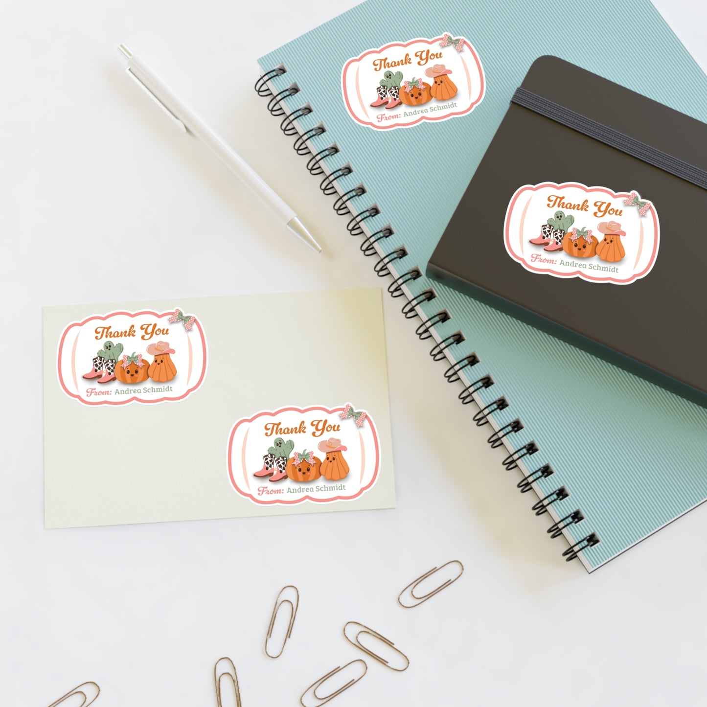 Thank You Stickers Sheet with Custom Name - Cowboy Pumpkins