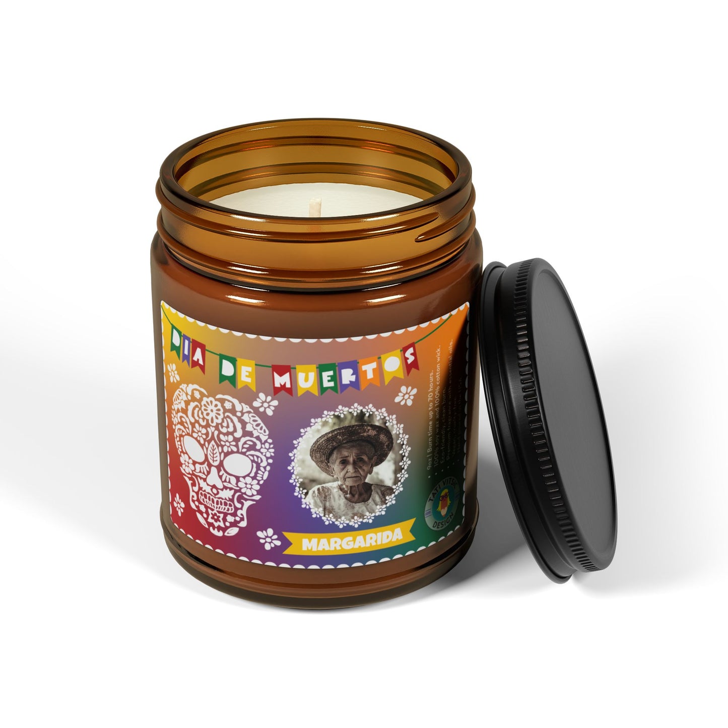 Dia de Muertos Scented Soy Candle (Brown Glass Jar) - Custom Photo and Name