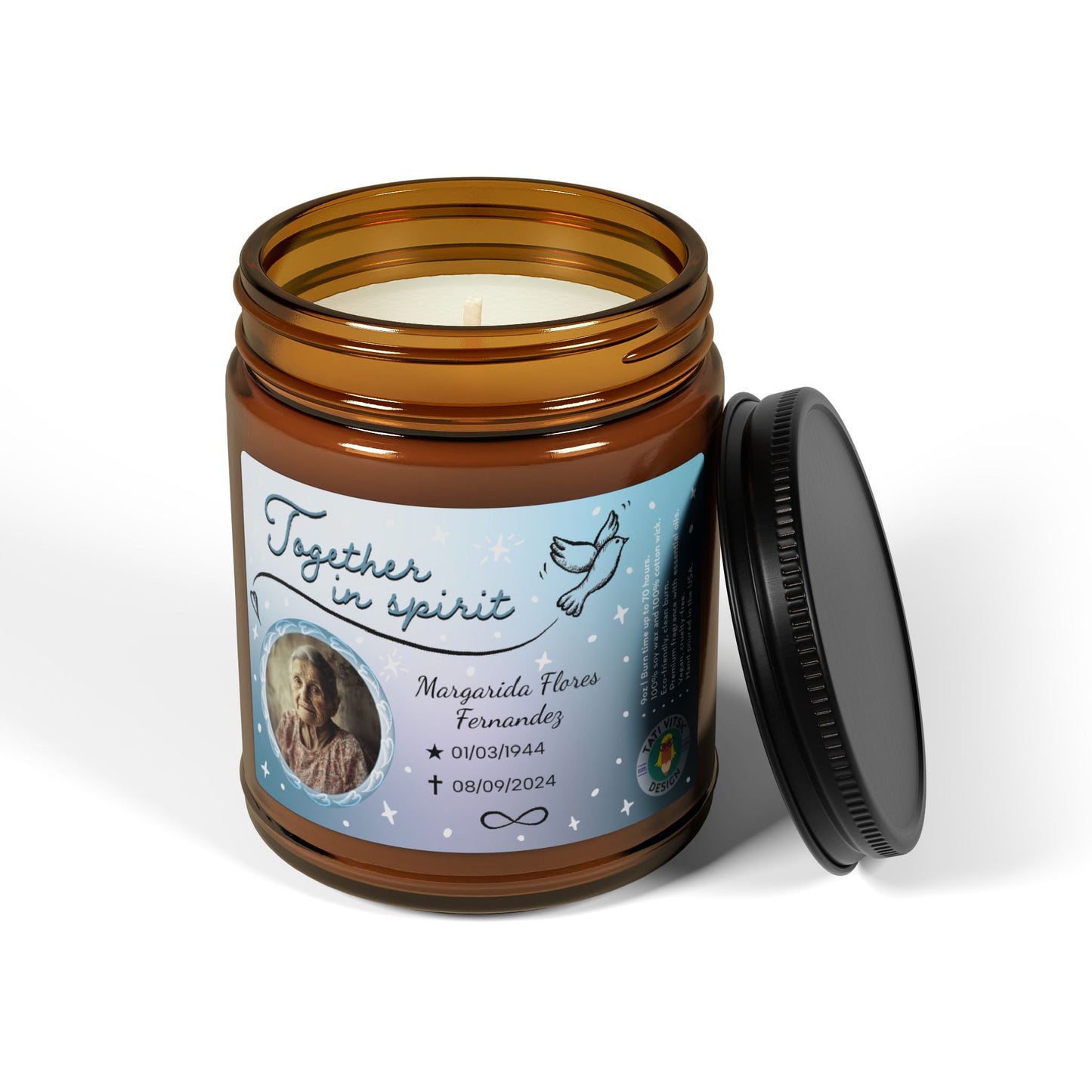 Together in Spirit Scented Soy Candle (Brown Glass Jar) - Customized Photo, Name, Birth and Death dates