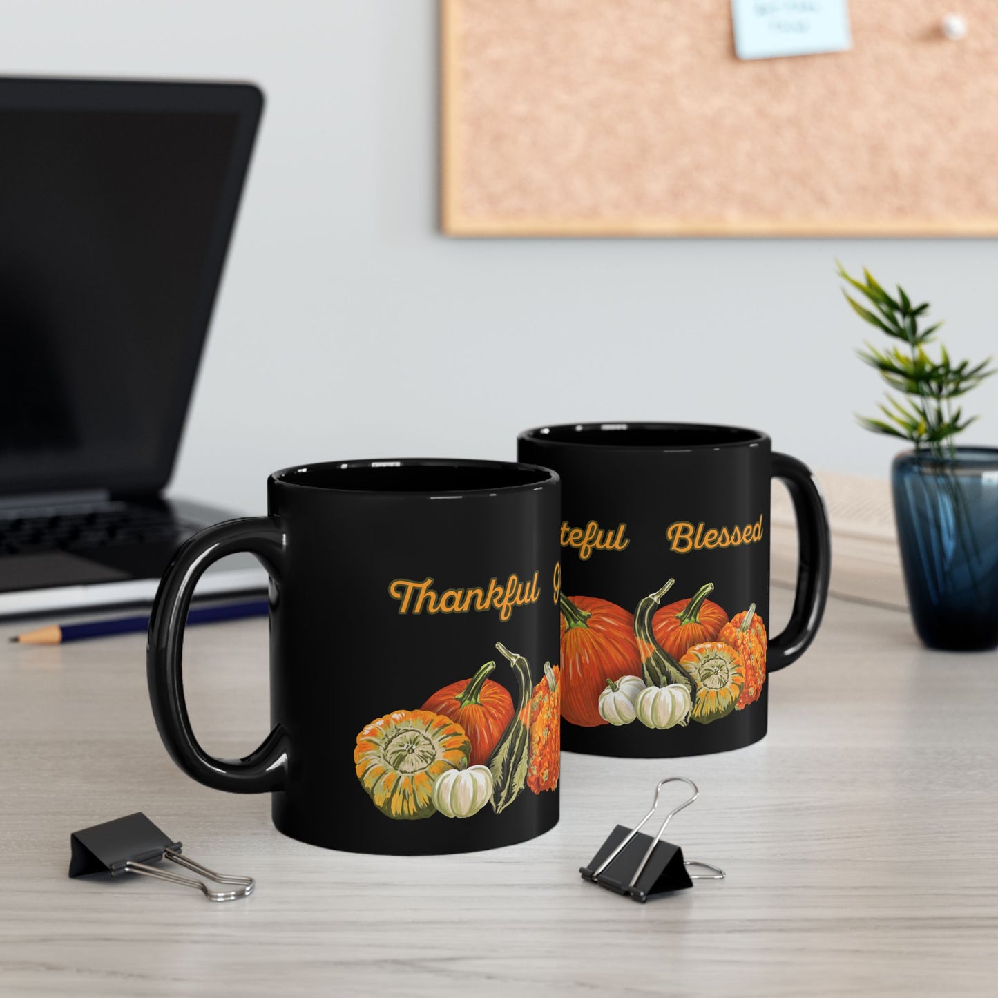 Pumpkins Black Ceramic Mug (11oz, 15oz) - Thankful, Grateful Blessed