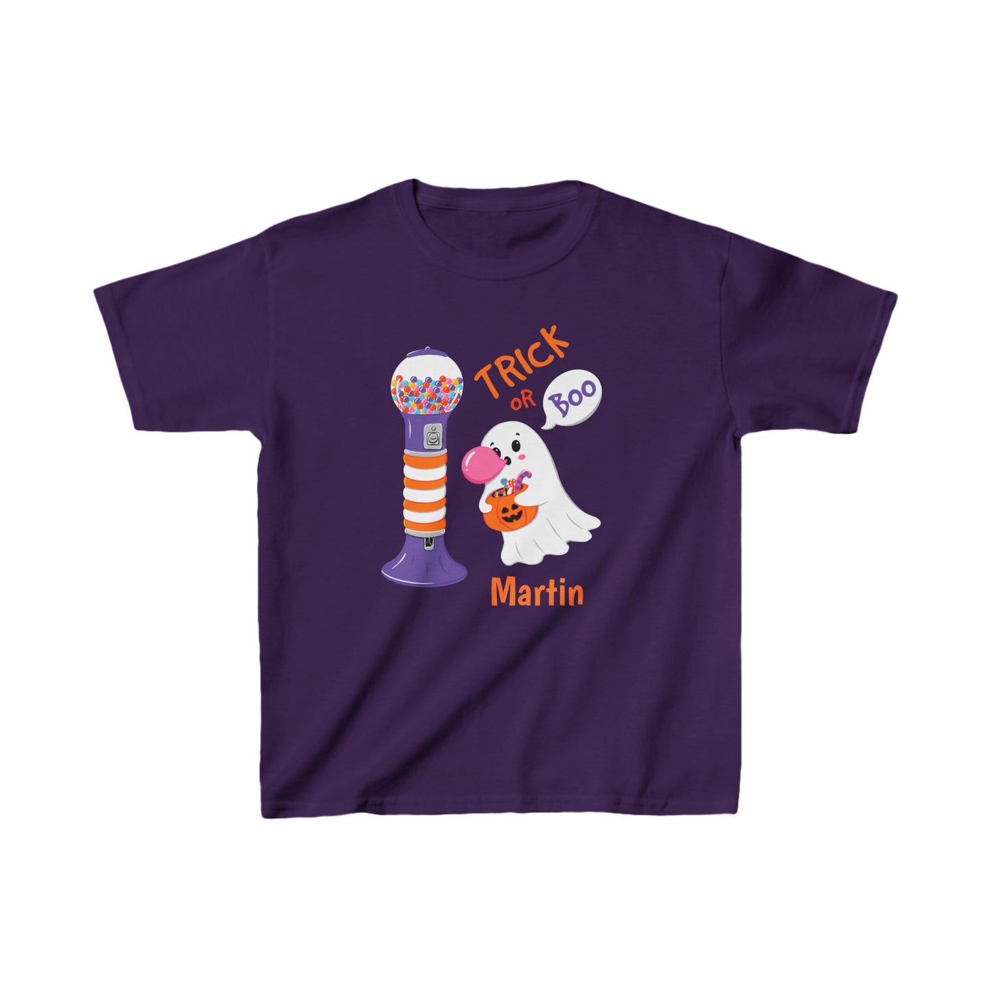 Camiseta infantil de algodão pesado com nome personalizado Halloween Trick or Boo