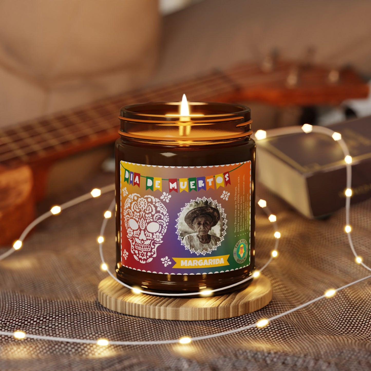 Dia de Muertos Scented Soy Candle (Brown Glass Jar) - Custom Photo and Name