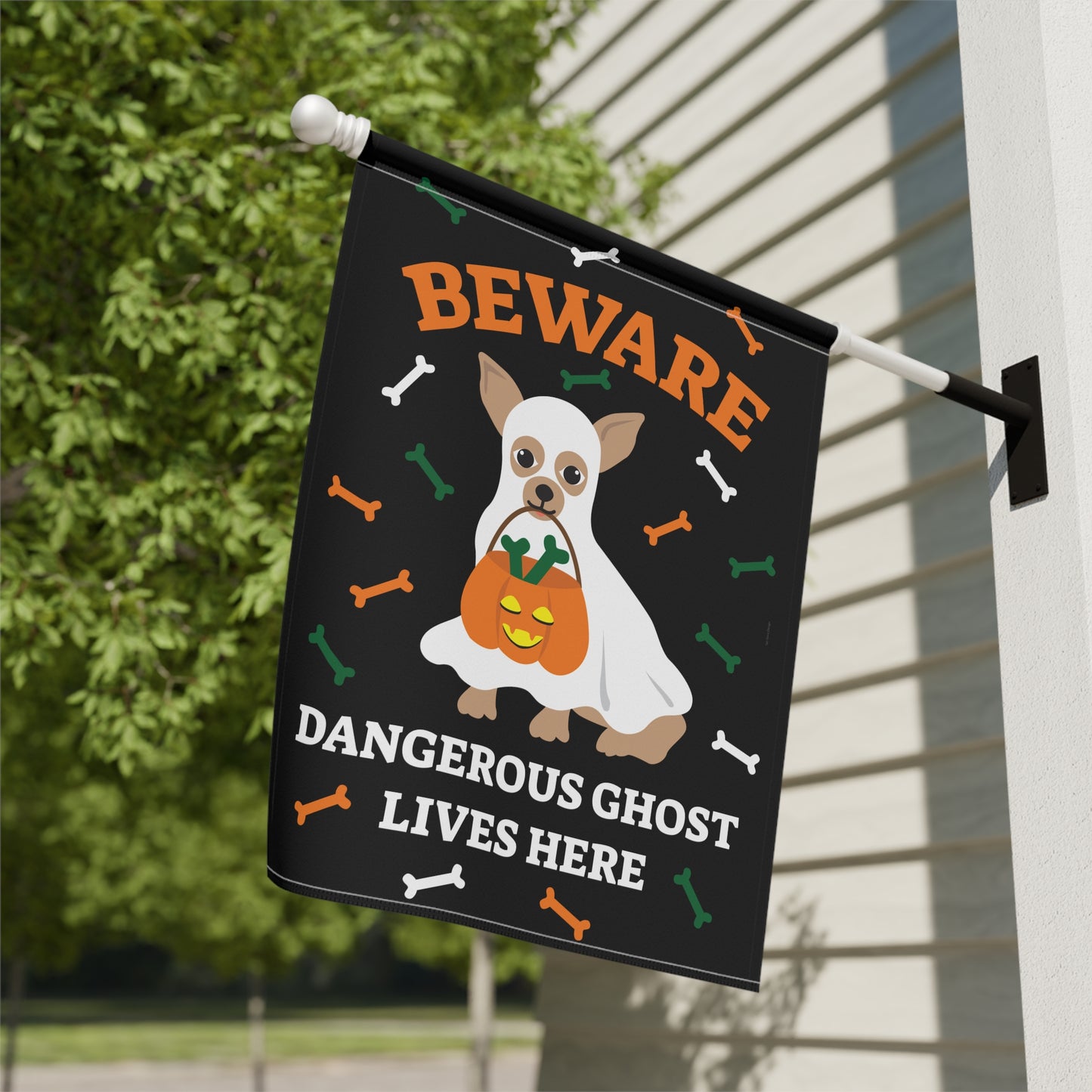 Banner de Halloween para jardim e casa - Cuidado, fantasma perigoso mora aqui