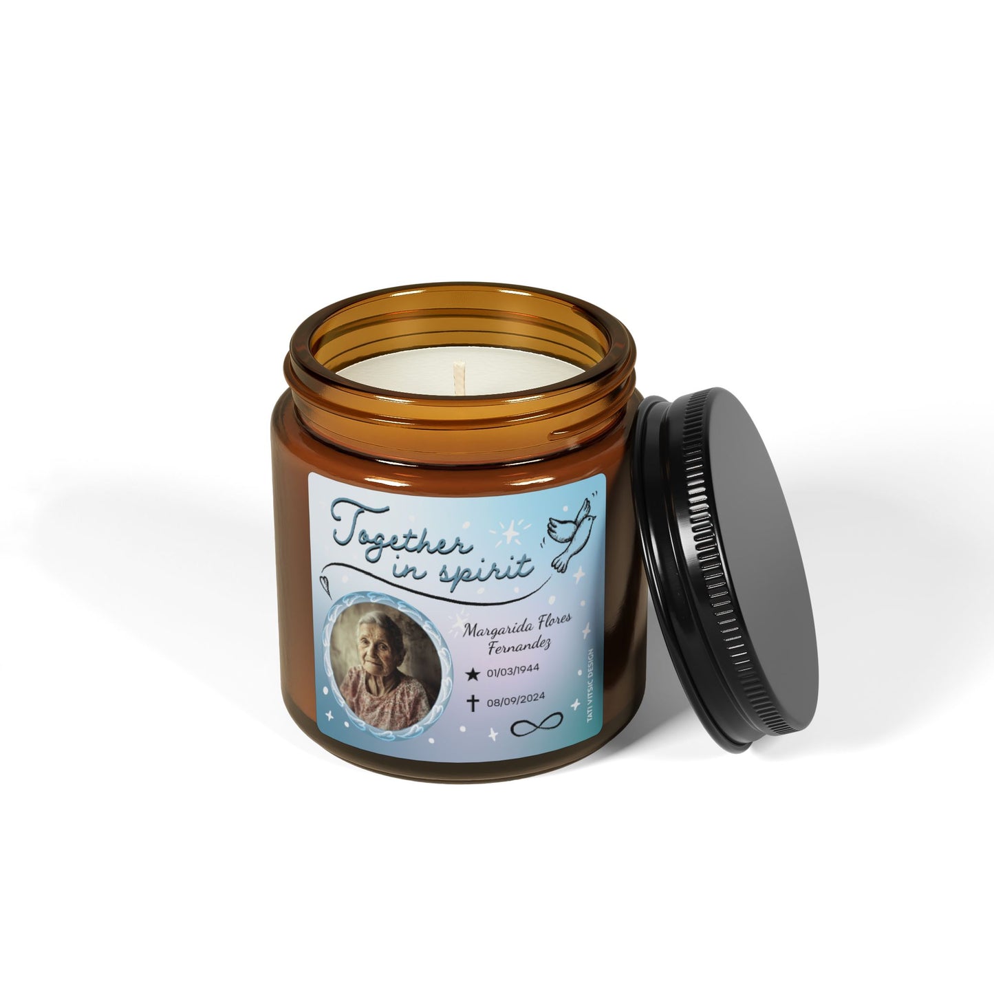 Together in Spirit Scented Soy Candle (Brown Glass Jar) - Customized Photo, Name, Birth and Death dates