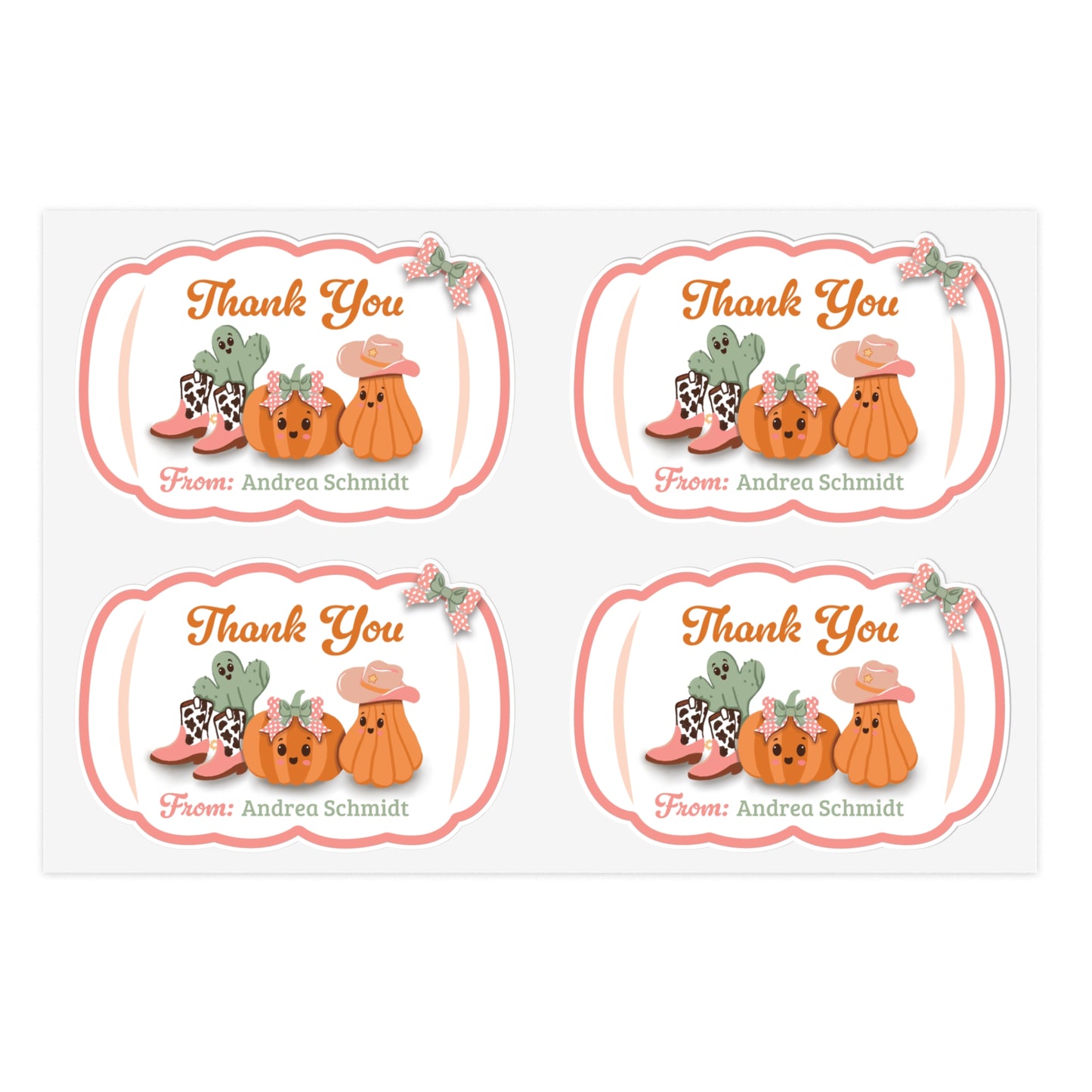 Thank You Stickers Sheet with Custom Name - Cowboy Pumpkins