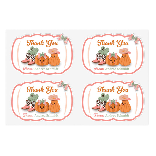 Thank You Stickers Sheet with Custom Name - Cowboy Pumpkins