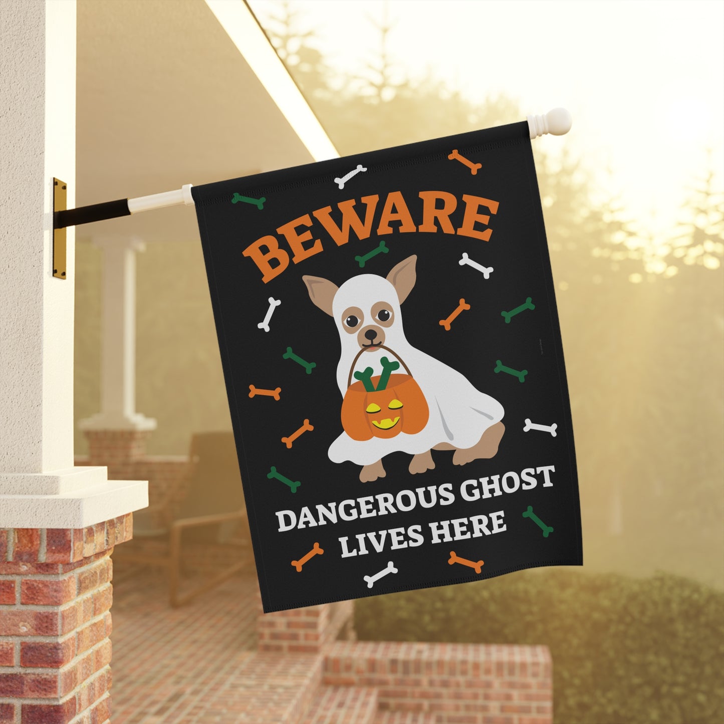 Banner de Halloween para jardim e casa - Cuidado, fantasma perigoso mora aqui