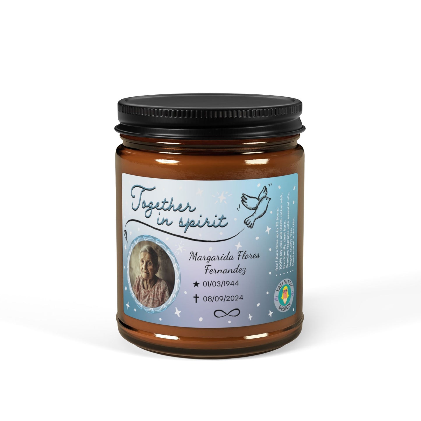 Together in Spirit Scented Soy Candle (Brown Glass Jar) - Customized Photo, Name, Birth and Death dates