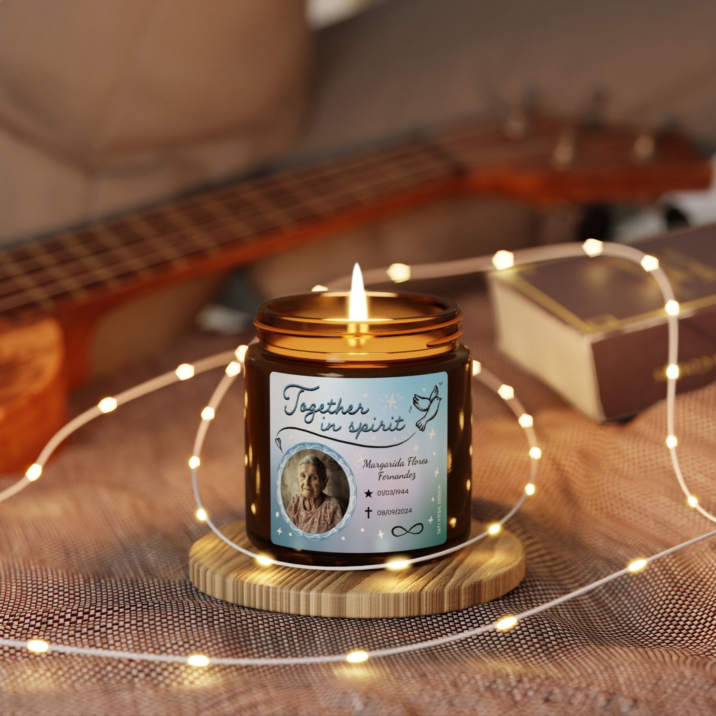 Together in Spirit Scented Soy Candle (Brown Glass Jar) - Customized Photo, Name, Birth and Death dates