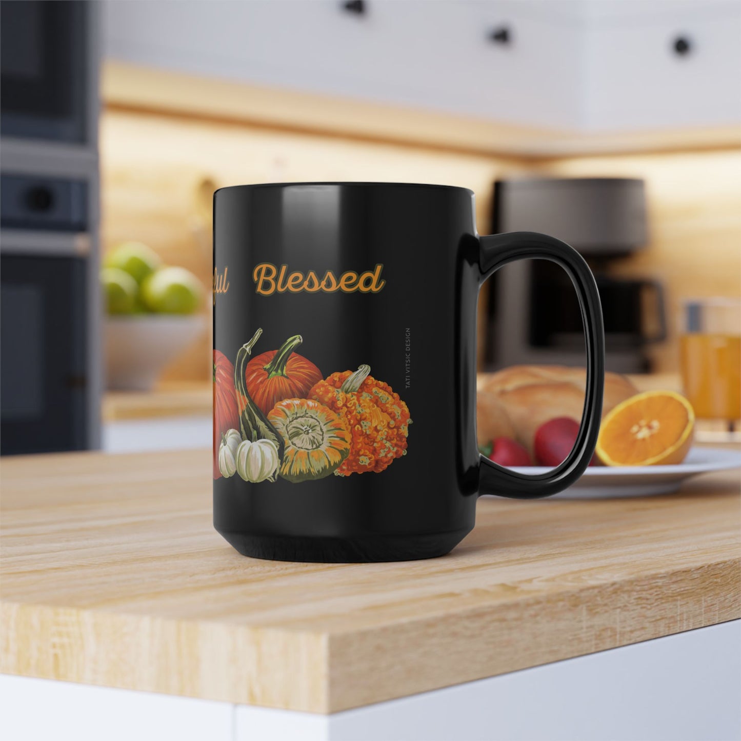 Pumpkins Black Ceramic Mug (11oz, 15oz) - Thankful, Grateful Blessed