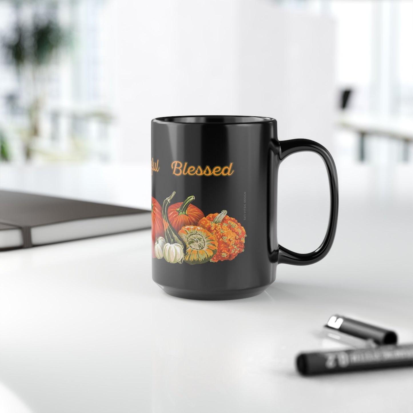 Pumpkins Black Ceramic Mug (11oz, 15oz) - Thankful, Grateful Blessed