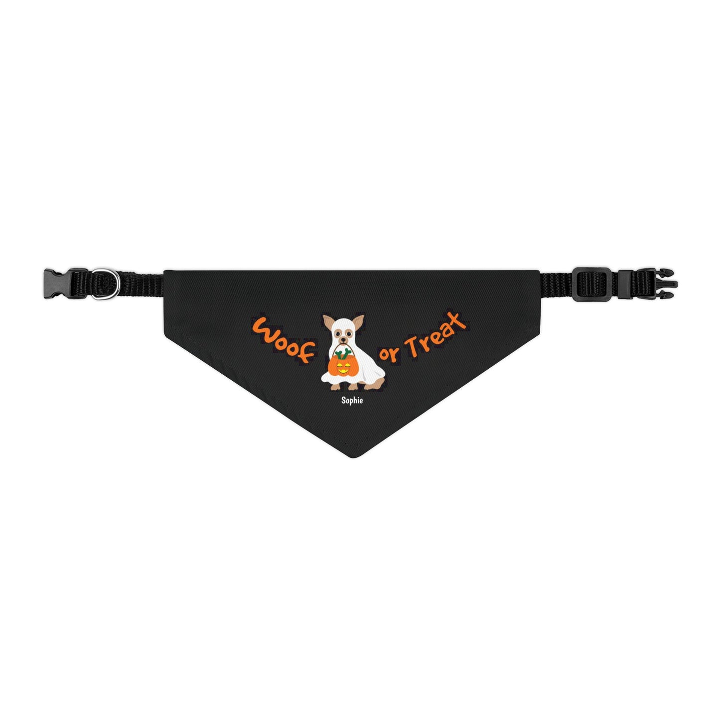 Coleira bandana personalizada com nome para cachorro fantasma de Halloween