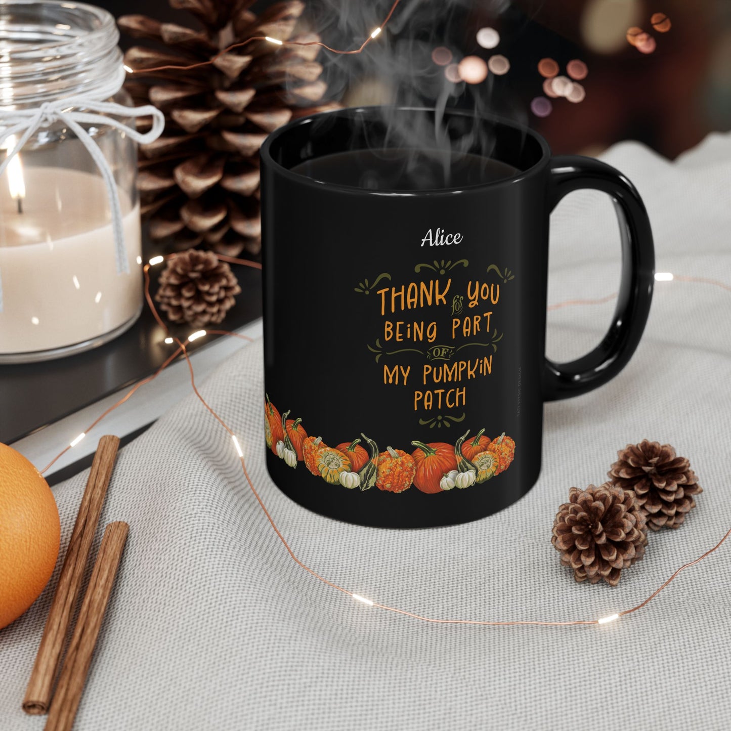 Customized Name Pumpkins Black Ceramic Mug (11oz, 15oz) - Thank you for being part of my pumpkin patch