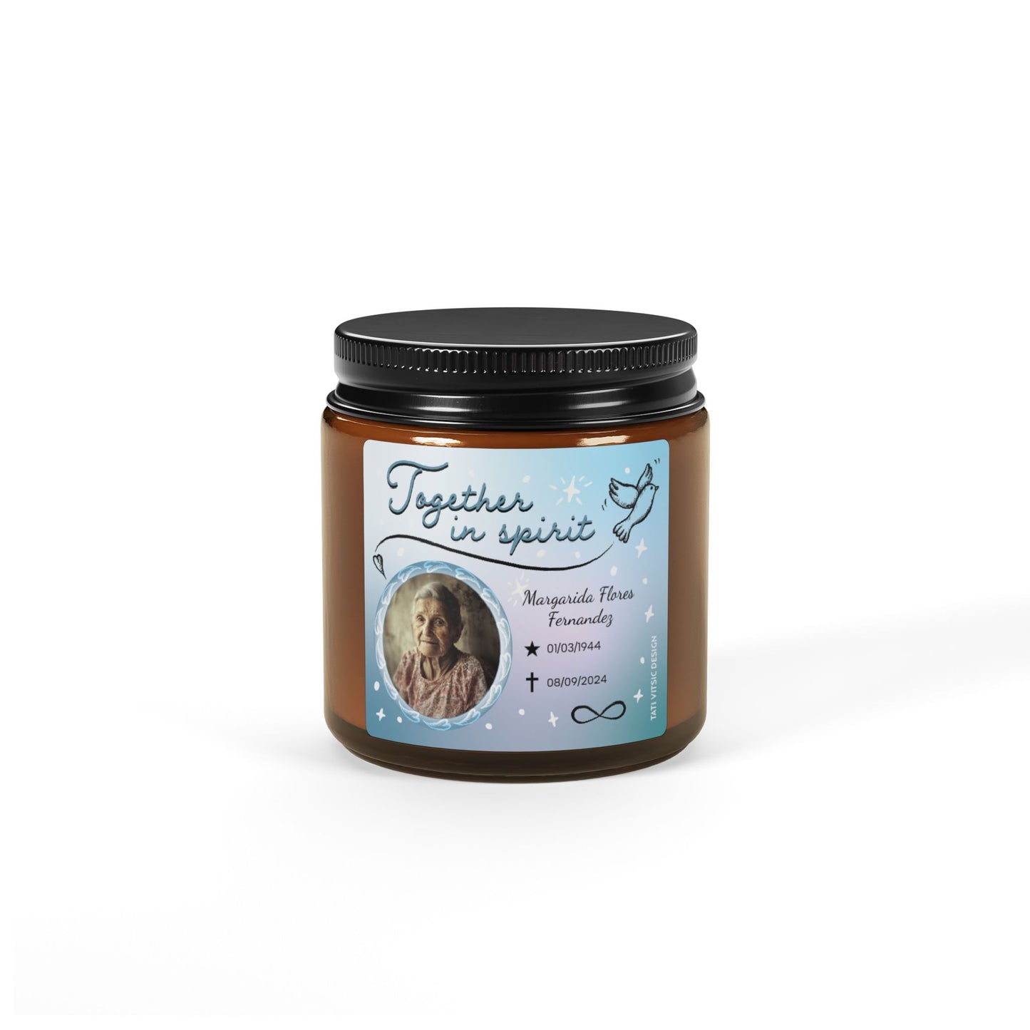 Together in Spirit Scented Soy Candle (Brown Glass Jar) - Customized Photo, Name, Birth and Death dates