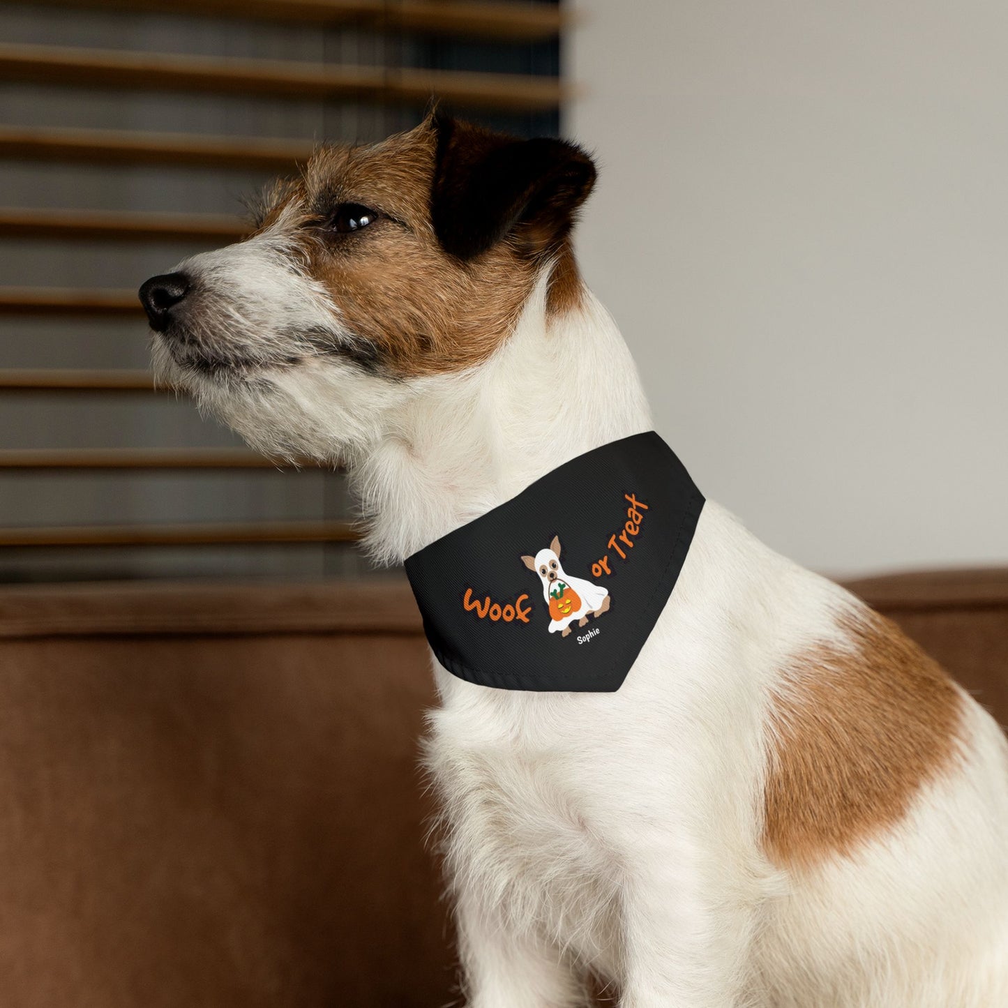 Coleira bandana personalizada com nome para cachorro fantasma de Halloween