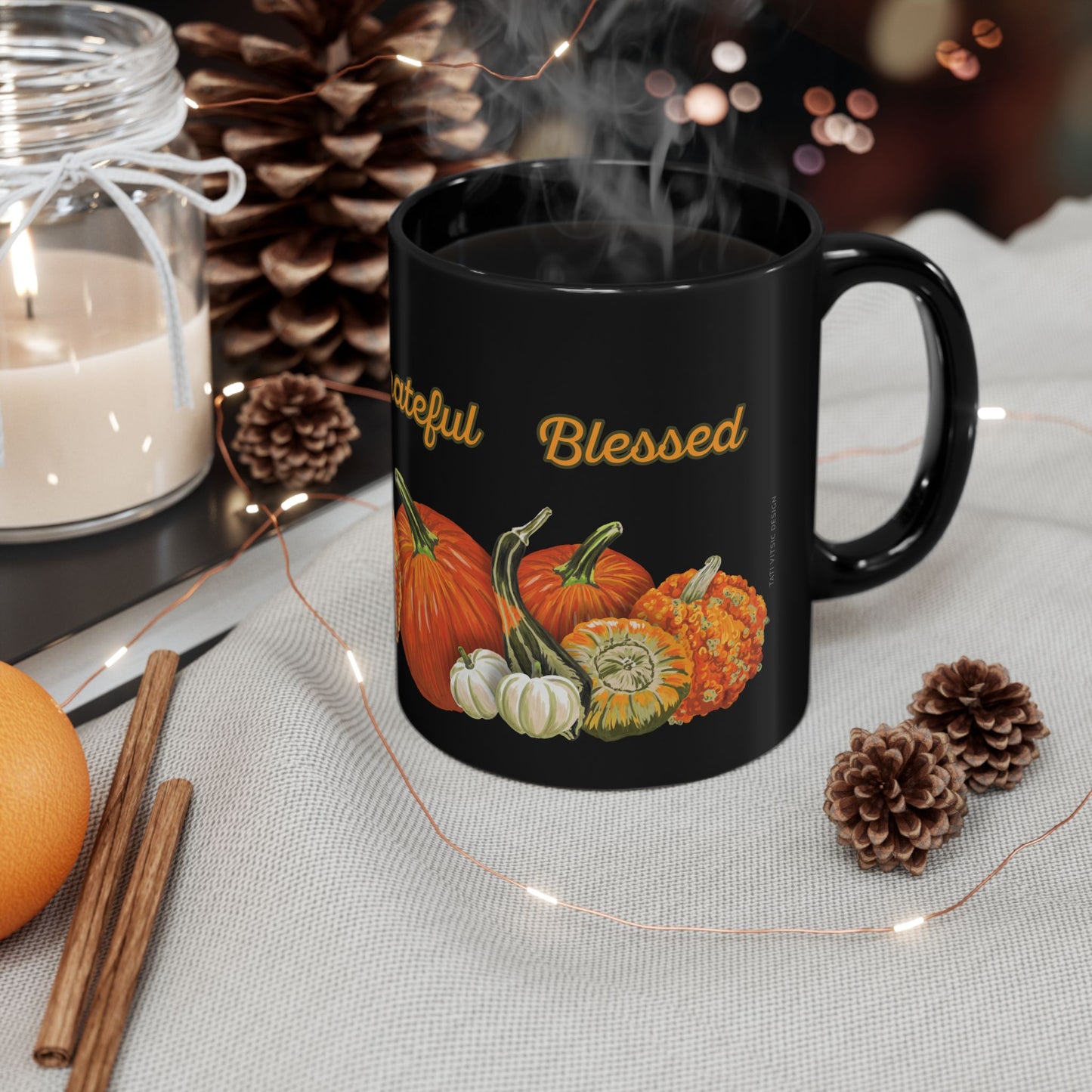 Pumpkins Black Ceramic Mug (11oz, 15oz) - Thankful, Grateful Blessed