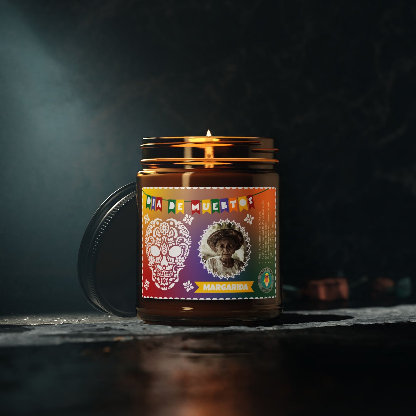 Dia de Muertos Scented Soy Candle (Brown Glass Jar) - Custom Photo and Name