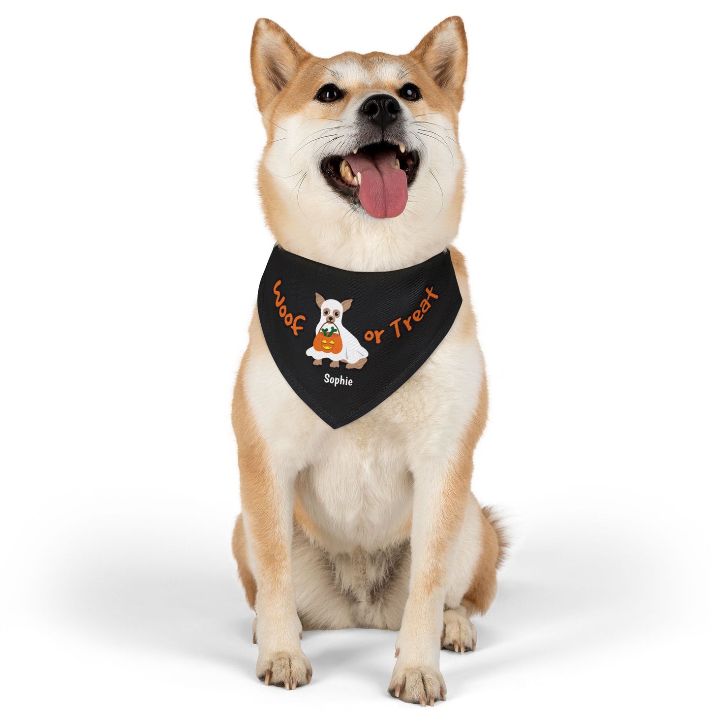 Coleira bandana personalizada com nome para cachorro fantasma de Halloween