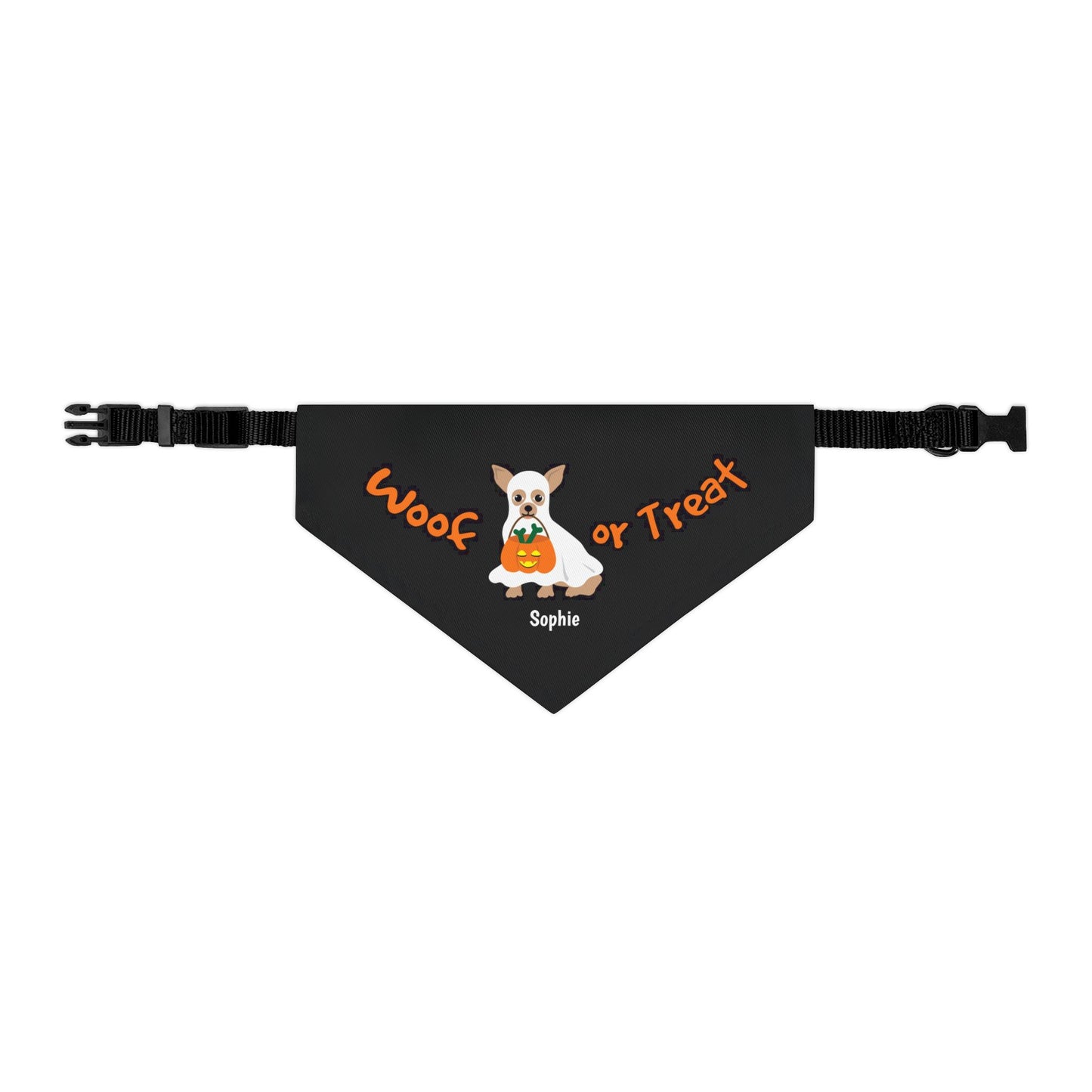 Coleira bandana personalizada com nome para cachorro fantasma de Halloween