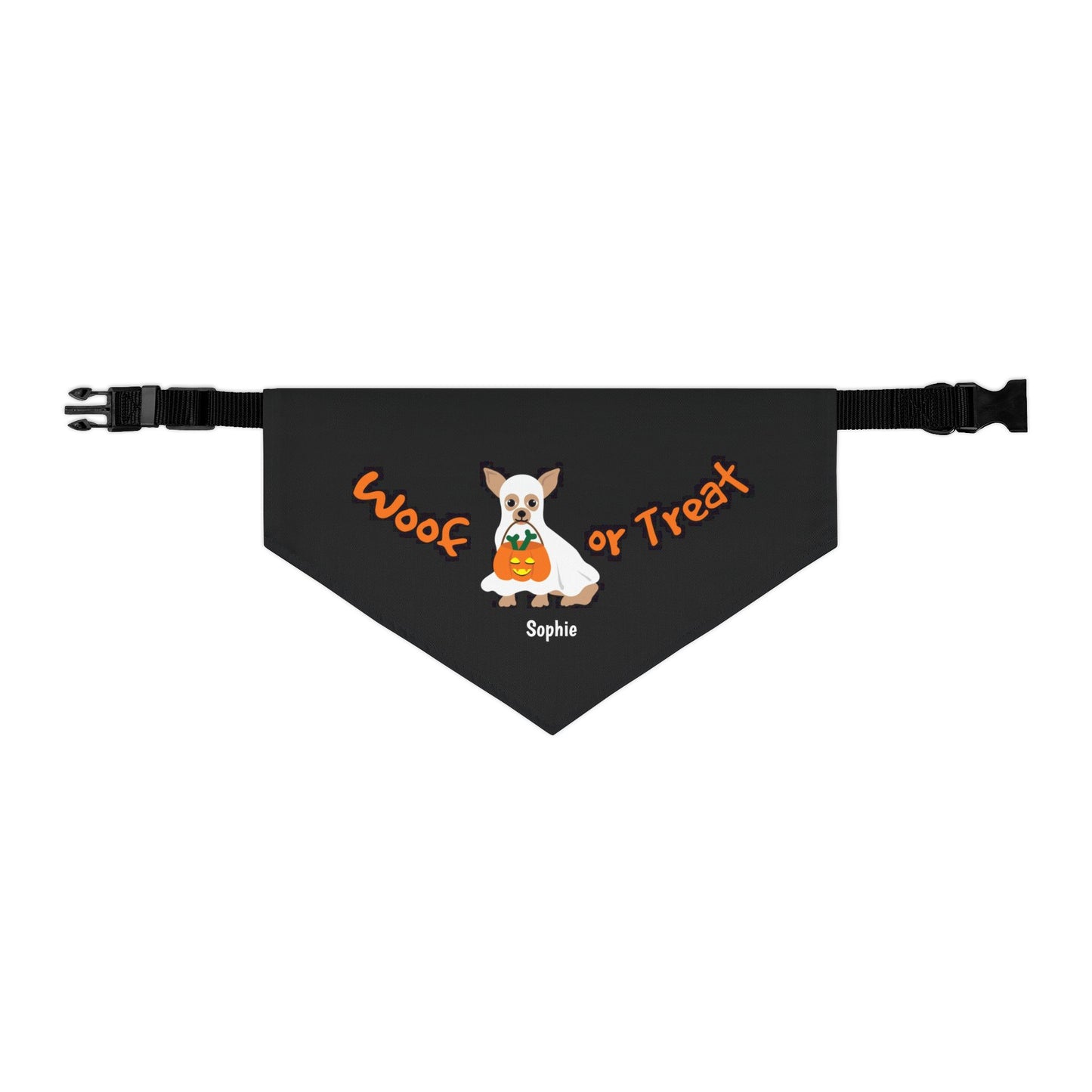 Coleira bandana personalizada com nome para cachorro fantasma de Halloween