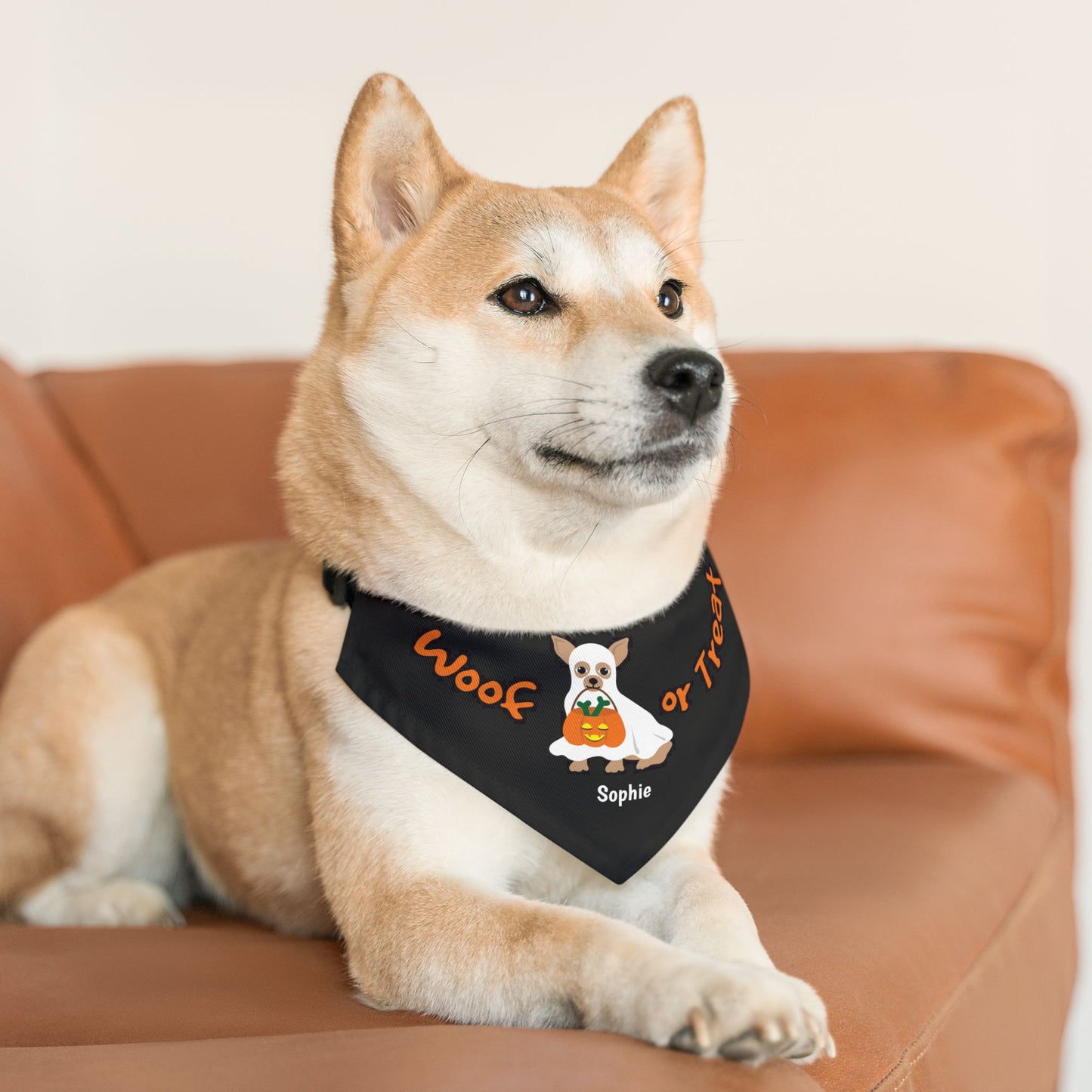 Coleira bandana personalizada com nome para cachorro fantasma de Halloween
