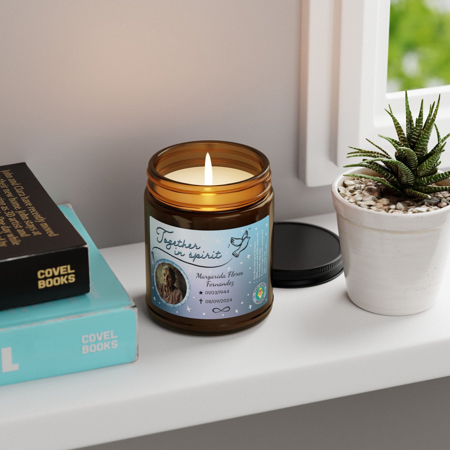 Together in Spirit Scented Soy Candle (Brown Glass Jar) - Customized Photo, Name, Birth and Death dates