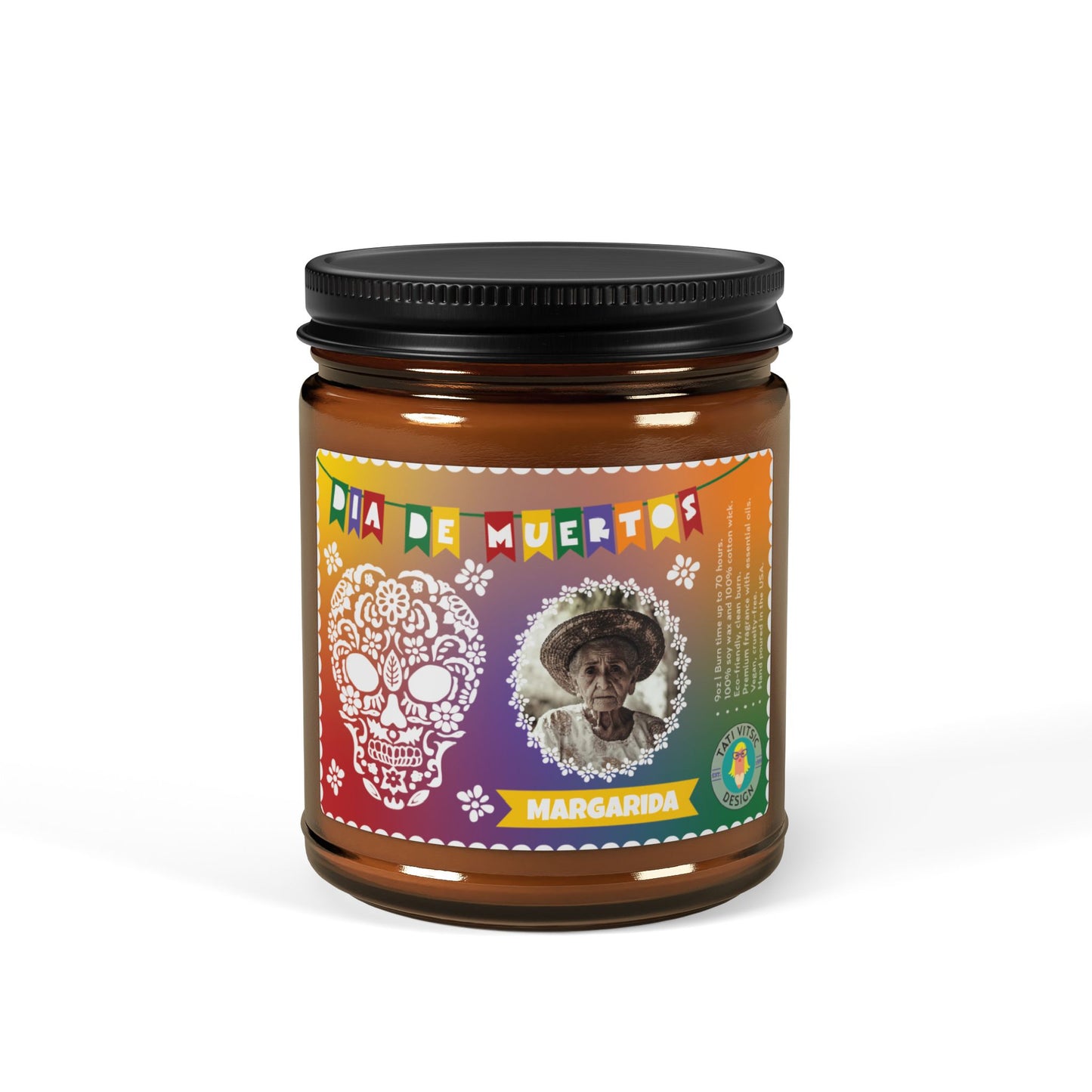 Dia de Muertos Scented Soy Candle (Brown Glass Jar) - Custom Photo and Name