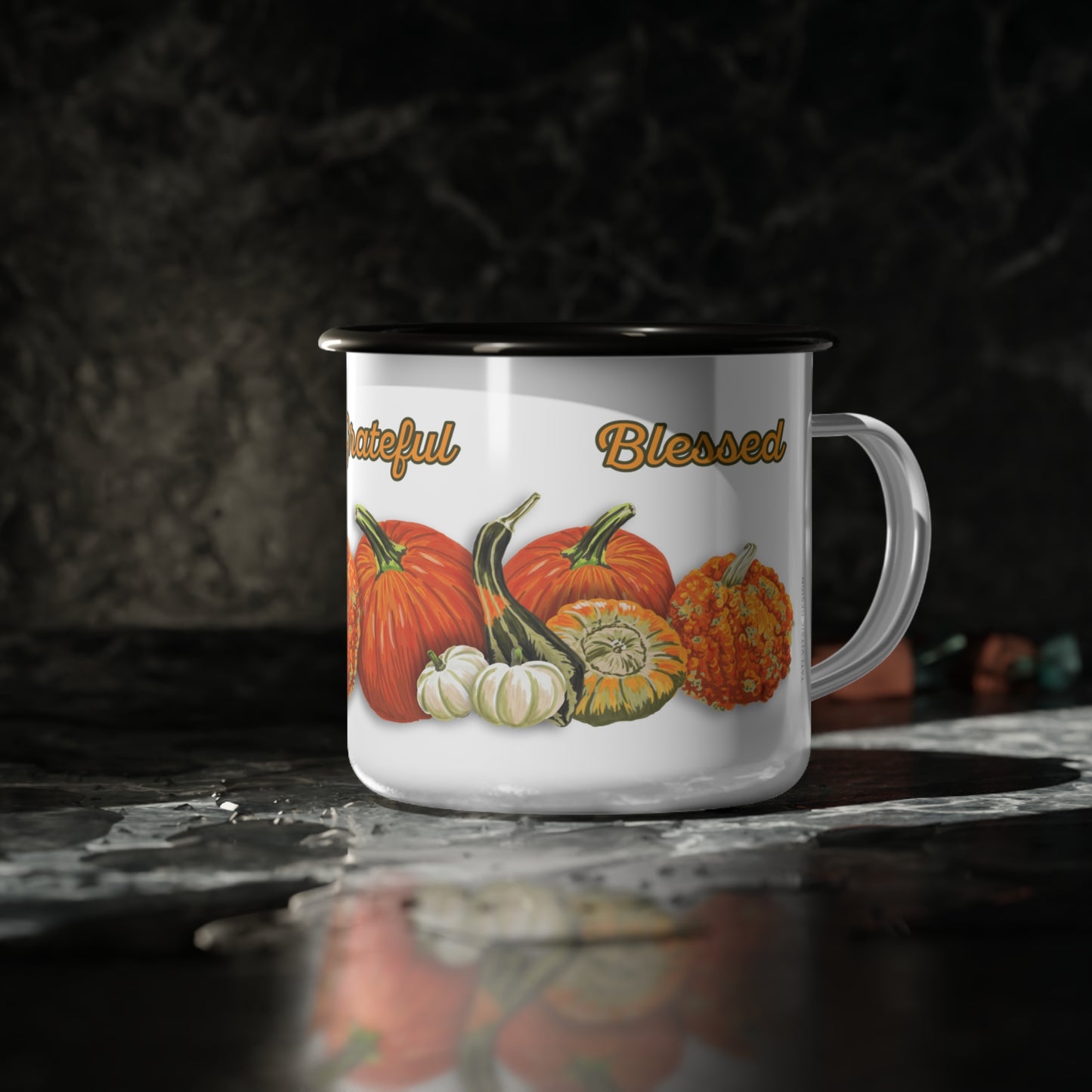 Pumpkins Enamel Mug (12oz) - Thankful, Grateful, Blessed