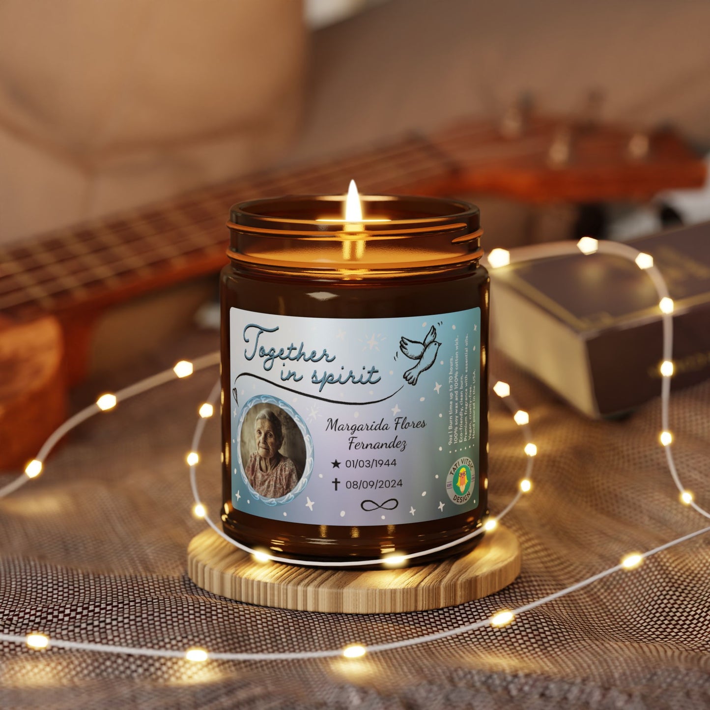 Together in Spirit Scented Soy Candle (Brown Glass Jar) - Customized Photo, Name, Birth and Death dates