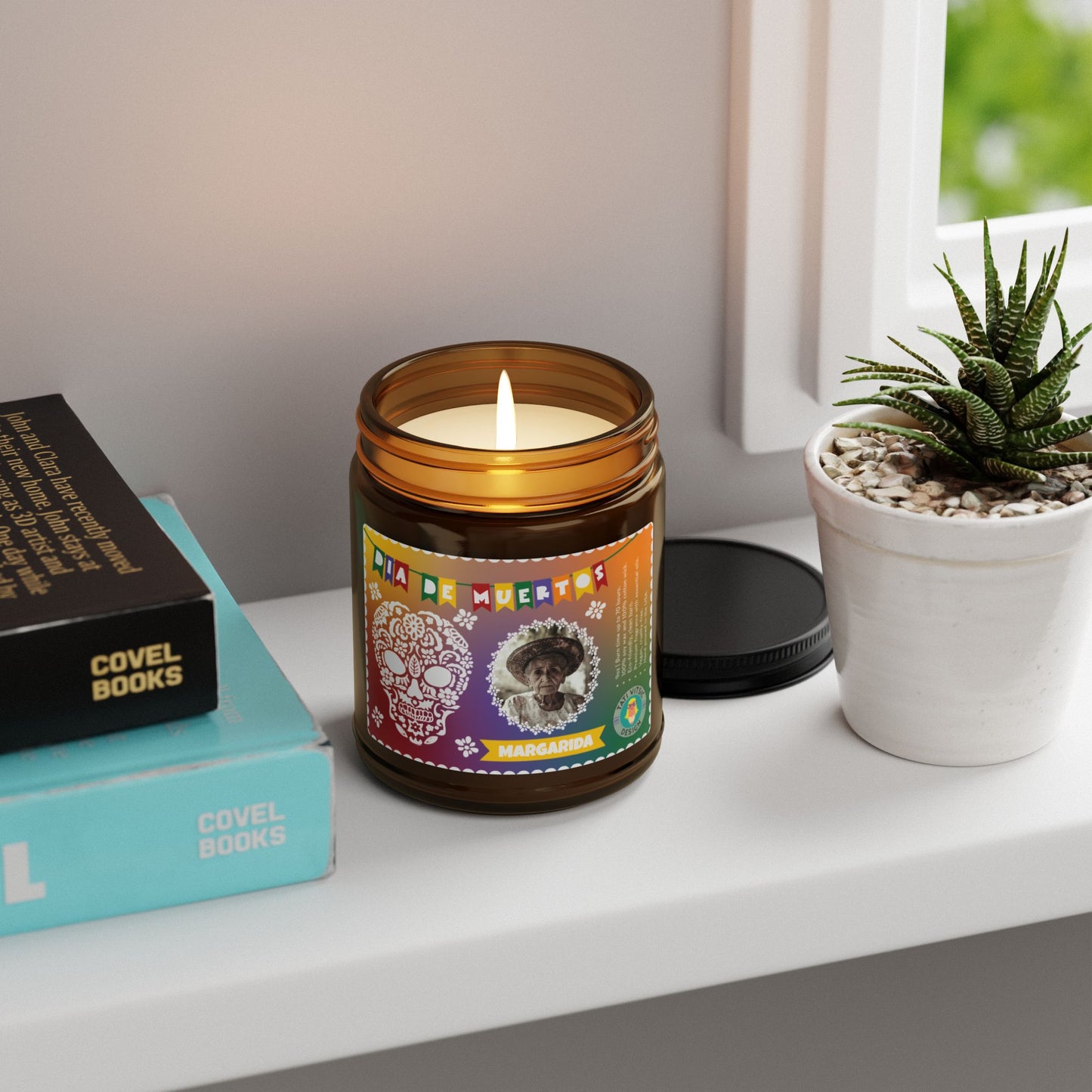 Dia de Muertos Scented Soy Candle (Brown Glass Jar) - Custom Photo and Name