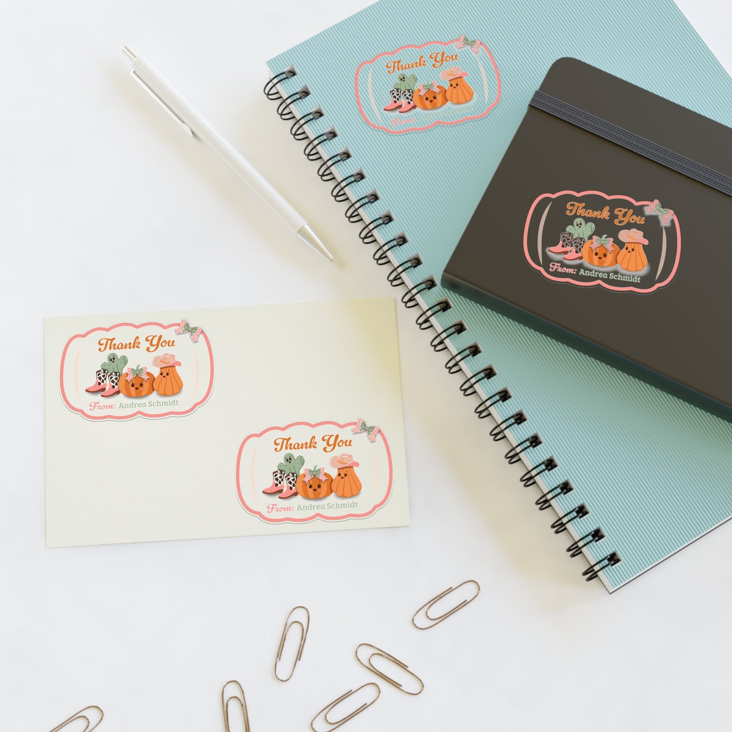 Thank You Stickers Sheet with Custom Name - Cowboy Pumpkins