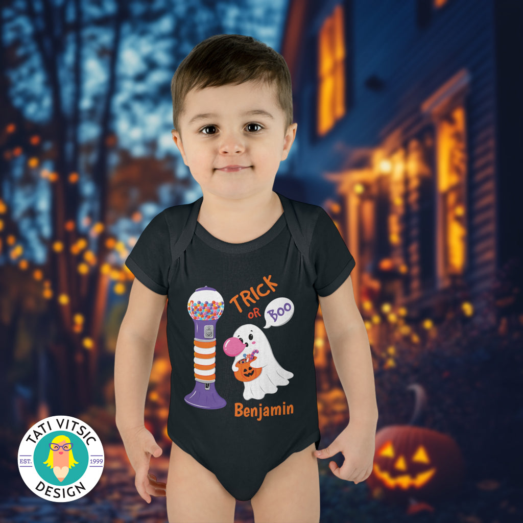 Body de costela para bebê com nome personalizado Halloween Trick or Boo