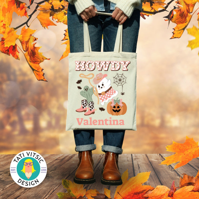 Nome personalizado Halloween Howdy Tote Bag - Bege