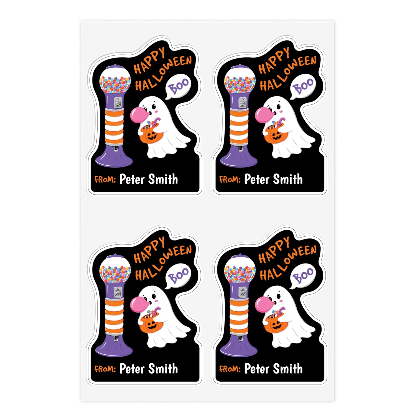 Adesivos personalizados de Halloween com nome, folha de chiclete fantasma