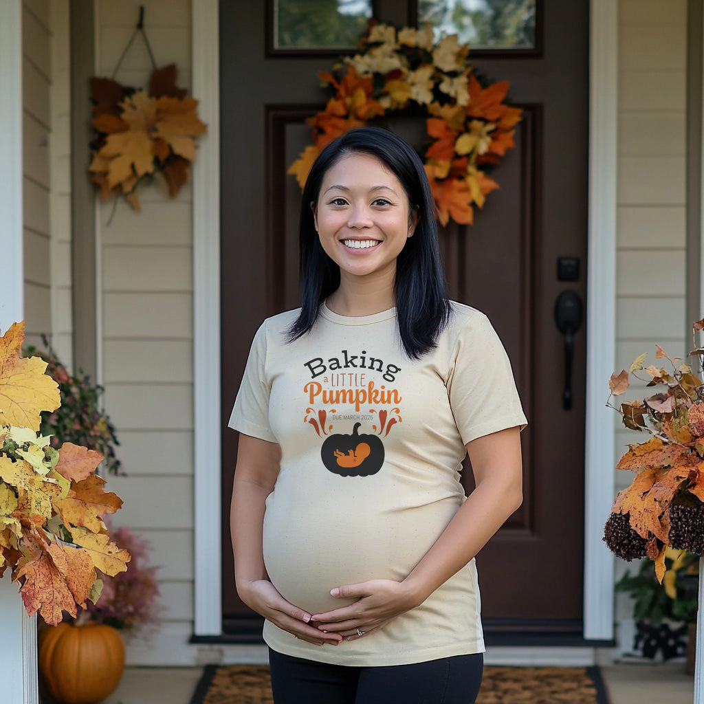 Baking a Little Pumpkin T-Shirt - Thanksgiving Pregnancy Announcement with Custom Due Date