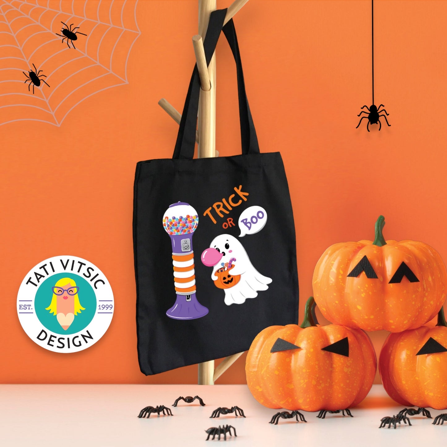 Halloween Trick or Boo Cotton Canvas Tote Bag - Black